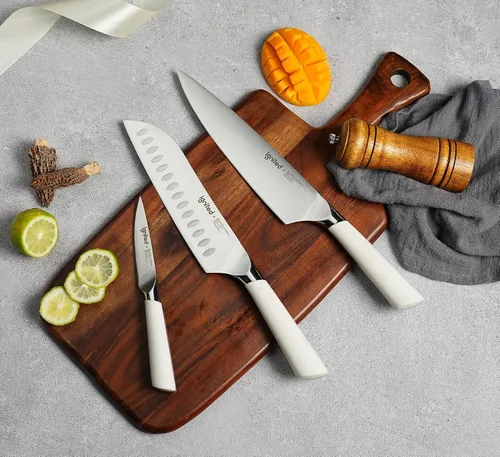 Vista 5 de Juego de cuchillos de chef de 3 piezas, acero inoxidable alemán, mango ergonómico blanco marfil, juego de cuchillos de cocina de diseño de espiga