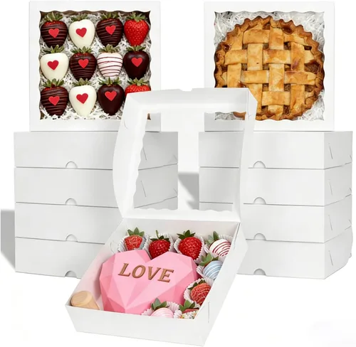 Vista 9 de TEMLQPACK 6 piezas cajas de panadería marrones de 10 x 10 x 2.5 pulgadas con ventana, tartas, galletas, fresas cubiertas de chocolate, corazón