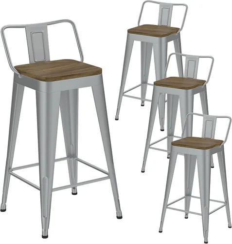 Vista 18 de Juego de 4 taburetes de bar de metal, taburetes de bar con respaldo alto con asiento de madera, taburetes de bar negros de 24 pulgadas para isla