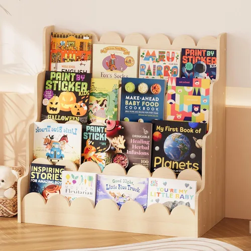 Vista 14 de NACHES Estantería Montessori de 4 niveles para niños, estante de madera con diseño festoneado, organizador de juguetes para guardería, dormitorio