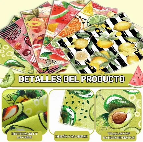 Vista 2 de Juego de 36 paños de cocina reutilizables de frutas, toallas de algodón lavables para el hogar (color fresco)