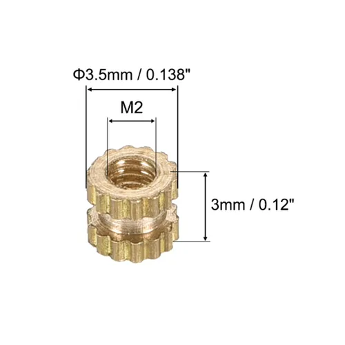 Vista 2 de uxcell Tuercas de inserción moleteadas, M2 x 0.118 in (L) x 0.138 in (OD) Rosca hembra Kit surtido de latón 50 piezas