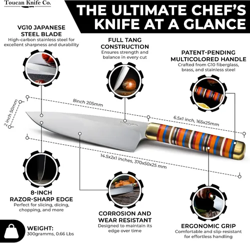 Vista 2 de TOUCAN Cuchillo de chef – Cuchillo de cocina de hoja de 8 pulgadas – Cuchillos de acero japonés de alta dureza y mango multicolor – Cuchillos