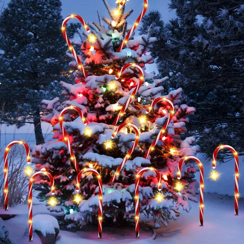 Vista 7 de Paquete de 12 luces solares de bastón de caramelo para decoración de Navidad al aire libre, impermeables, con estrella y LED brillante, 8 modos