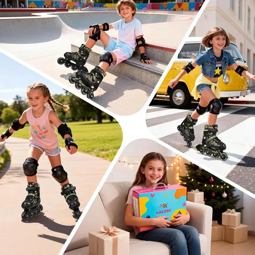 Vista 7 de Patines en línea para niñas y niños con ruedas iluminadas, patines de hoja ajustable, estrella de purpurina degradada con forro cómodo transpirable