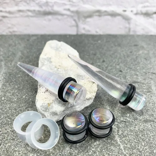 Vista 2 de BodyJ4You - Juego de 50 medidores de calibre para estiramientos de oreja y aceite de jojoba para cuidados posteriores, 14 G-12 mm, juego de tapones