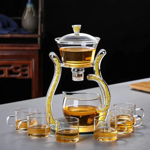 Vista 2 de RORA - Juego de té de Vidrio, juego de té automático de vidrio, juego de tetera Kungfu, magnético, giratorio, resistente al calor (color claro)