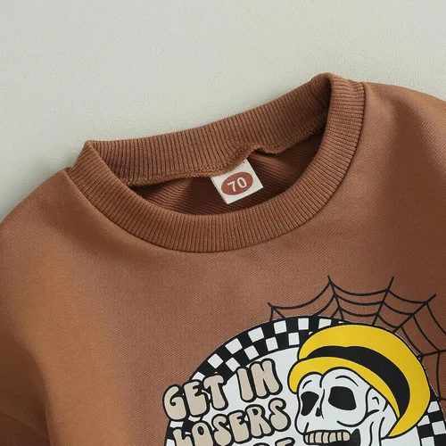 Vista 4 de Shejingb Ropa de bebé de Halloween para niñas y niños, sudadera con cuello redondo, enterizo divertido con letras impresas, enterizo de burbujas