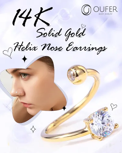 Vista 3 de OUFER Aretes de hélice torcida de 16G, anillo de labios de circonita cúbica transparente en forma de corazón de oro sólido de 14 quilates, joyería
