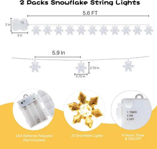 Vista 3 de Vigdur Paquete de 2 luces de copo de nieve de Navidad - 20 luces LED de copo de nieve en cadena que funcionan con pilas con temporizador, luces