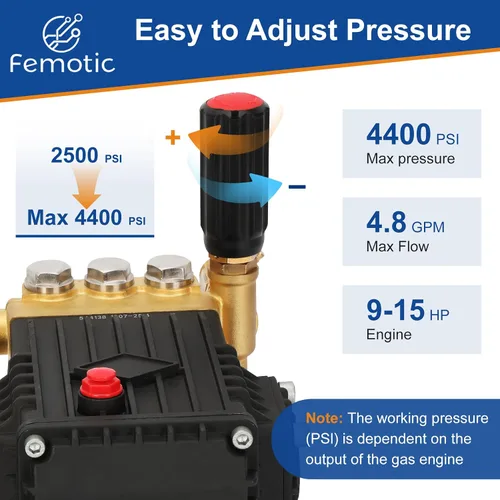Vista 3 de Bomba de lavado a presión Femotic de 1 pulgada de eje, bomba de lavado a presión 4400 psi, bomba de lavado a presión 4.8 gpm 8-15 HP 22 libras