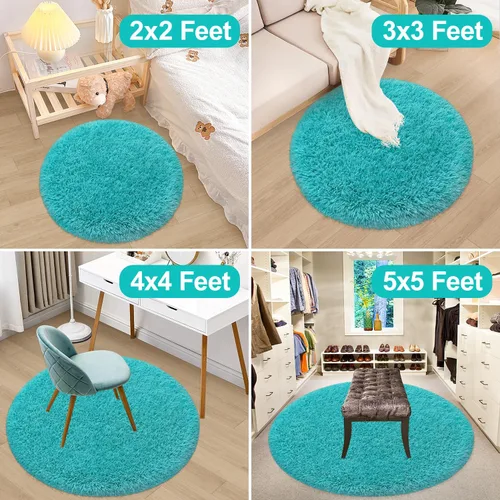 Vista 5 de Alfombra circular pequeña para dormitorio, 2 x 2 pies, color azul, para decoración de habitación de niños, redonda esponjosa para guardería