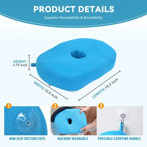 Vista 5 de Idle Hippo Asiento elevador para bañera de hidromasaje, almohada de malla de aire 4D con potentes 6 ventosas antideslizantes, cojín ergonómico Azul