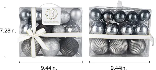 Vista 2 de Becki Owens Adornos de Navidad inastillables – Juego de 50 adornos inastillables de plata metálica, blanco mate y negro – Adornos irrompibles