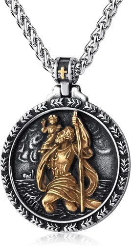 Vista 12 de Collar de San Cristóbal/Jorge/Miguel/Jesús/María para Hombre, Medallón de Santos Patrones, Joyería de Acero Inoxidable