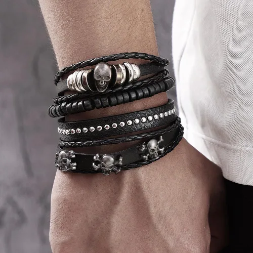 Vista 3 de KISS WIFE Pulsera de cuero para hombre, 4 paquetes de pulseras punk, pulsera trenzada de poliuretano, pulsera de cráneo, esqueleto, rock, emo