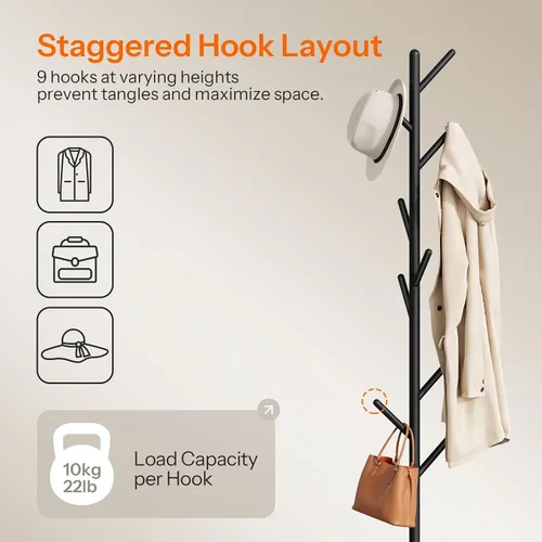 Vista 5 de HOOBRO Perchero con 9 ganchos, perchero de metal independiente con base de madera, árbol de pasillo resistente para entrada, soporte de perchero que