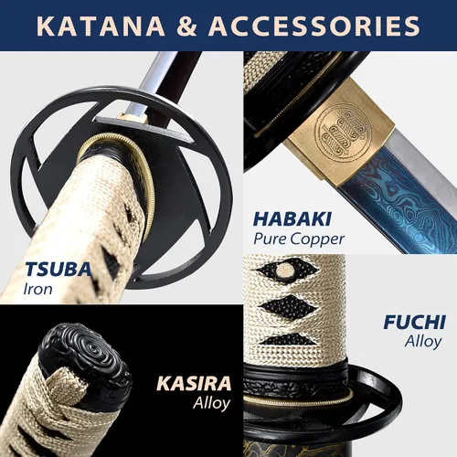 Vista 4 de entez Handcrafted Samurai Katana - Premium Damascus/T10 Clay Tempered Blades - Sharp Functional Japanese Swords, Full Tang
