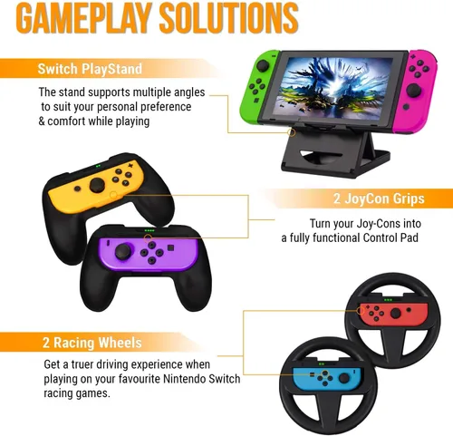 Vista 6 de Orzly Kit de accesorios diseñado para Nintendo Switch Accessories Geeks y OLED Console Users Case and Screen Protector Joycon Grips y ruedas