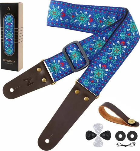 Vista 41 de Nefelibata Correa de guitarra, correas de guitarra de algodón bordadas con extremos de cuero de vaca para bajo, guitarras eléctricas y acústicas