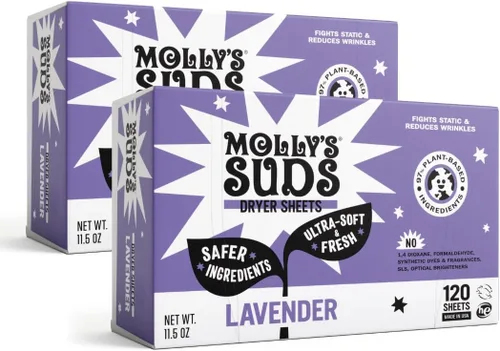 Vista 11 de Hojas suavizantes de secadora para piel sensible de Molly's Suds Reductor de estática a base de plantas, envase sin plástico Lavanda (120 hojas)