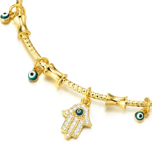 Vista 2 de COOLSTEELANDBEYOND Pulsera de color dorado para mujer, diseño de mano de Fátima, con dije de mal de ojo, elástico ajustable, Resina sintética