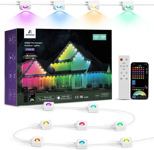 Vista 14 de APPECK Luces Permanentes para Exteriores de 200 pies con 144 luces LED, 72W, luces inteligentes RGBW para aleros, DC 36V, 40LM, luces de cadena