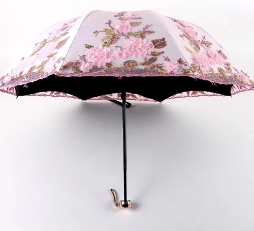 Vista 14 de Honeystore Sombrilla bordada con flor 3D plegable UV con encaje clásico