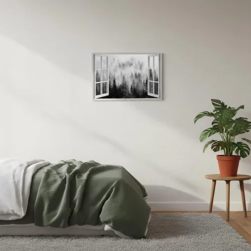 Vista 3 de Arte de pared de ventana de pino: sala de estar, dormitorio, vista de bosque brumoso, pintura, impresión de paisaje brumoso, lienzo, baño, moderno