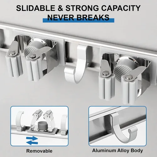 Vista 2 de Soporte de pared para trapeador y escoba, ganchos de metal resistentes, organizador de escobas, sistemas de almacenamiento de garaje, estantes