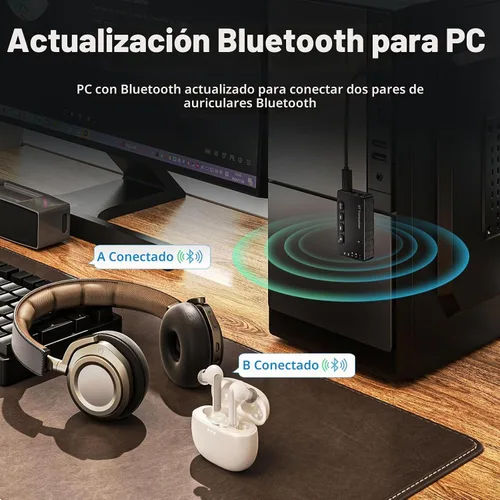 Vista 5 de Receptor transmisor Bluetooth aptX adaptativo/baja latencia/HD Bluetooth adaptador 5.2 compatible con 2 teléfonos AirPods, receptor de audio