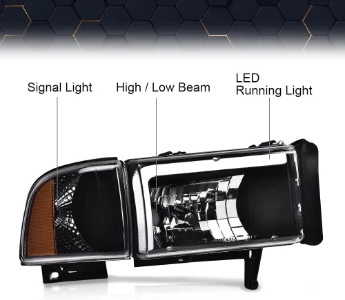 Vista 6 de PIT66 Conjunto de faros LED para Dodge Ram 1500 2500 3500 1994-2002 Reflector ámbar con carcasa negra