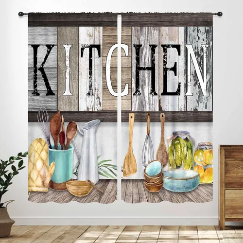 Vista 14 de Cortinas de cocina rústicas, color negro y blanco, tablón de madera con cuchillo y cuchara para barra, bolsillo para barra, tratamiento de ventana