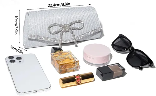 Vista 6 de Bolso de mano brillante con lazo para mujer, bolso de noche brillante con diamantes de imitación para baile de graduación, bolso de mano de boda