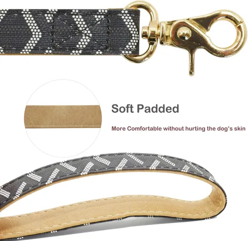 Vista 3 de Juego de collar y correa de cuero para perro, correas de collar de perro con patrón de cuadros, hebilla de metal ajustable y duradera para perros