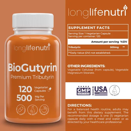 Vista 2 de BioGutyrin - Tributirina 500 mg, suplemento postbiótico para la función intestinal y absorción de nutrientes, 120 cápsulas vegetarianas, ácido