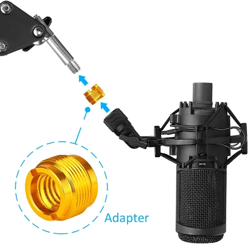 Vista 3 de 2 adaptadores de color dorado para micrófono HyperX QuadCast, Blue Yeti, Rode, Razer, Shure y la mayoría de micrófonos USB, montaje de choque