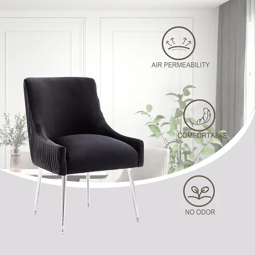 Vista 7 de Sillas de comedor de estilo moderno de terciopelo tapizado, silla de acento de tocador con barra vertical, silla capitonada con patas plateadas
