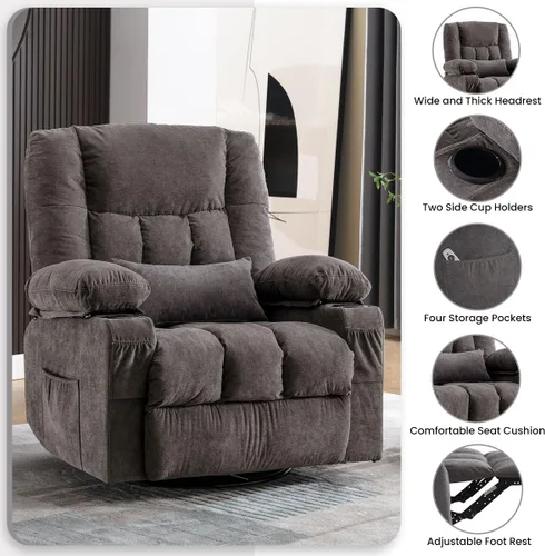 Vista 5 de BOSMILLER Silla reclinable de gran tamaño para adultos con masaje por vibración y calefacción lumbar, mecedora giratoria con soporte para tazas