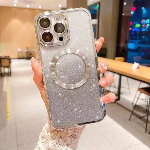 Vista 5 de Funda magnética Gardient con purpurina para iPhone 15 Pro Max, bonita funda chapada compatible con MagSafe para mujeres y niñas, protector de cámara