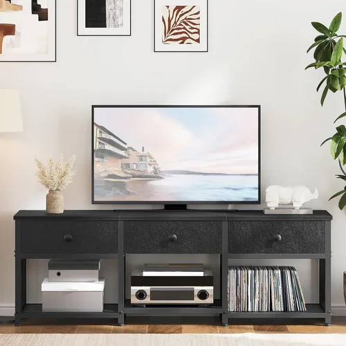 Vista 3 de YATINEY Soporte de TV con 3 cajones de tela para TV de hasta 50 pulgadas, consola multimedia industrial de 47.2 pulgadas, centro de entretenimiento