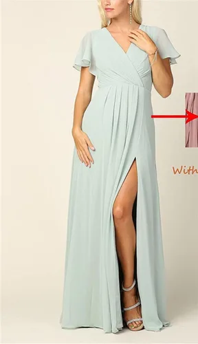 Vista 2 de Women's V Neck Bridesmaid Dresses with Short Sleeve Chiffon Formal Evening Party Gowns Plus