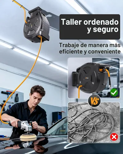 Vista 4 de Carrete retráctil para manguera de aire, 3/8" x 65 pies de manguera de aire híbrida flexible, manguera de compresor de aire resistente a arrugas Max