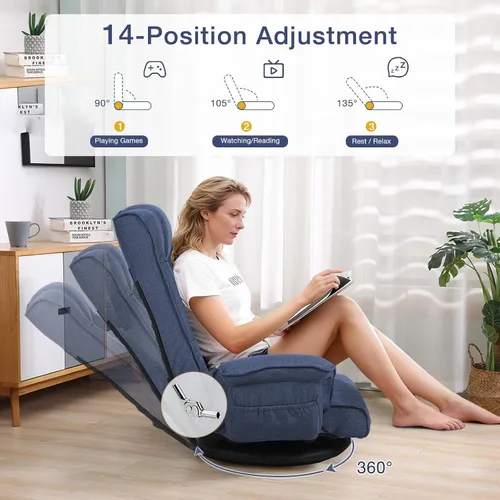 Vista 4 de Linen Fabric Ergonomic Gaming Chair, 6-Position Reclining Sofa Bed with Lumbar Support, Foldable Floor Lounger with Thick Cushion, Armrests & Side
