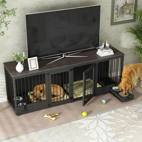 Vista 8 de Mueble estilo jaula para perros grande para 2 perros, perrera de madera resistente de 86.6" con cajones y divisor para comedero de perros, perrera