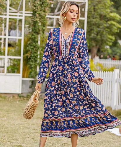 Vista 3 de RVivimos Vestido midi de manga larga de algodón con cuello en V y botones para mujer con estampado floral bohemio