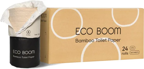 Vista 7 de ECO BOOM Papel higiénico de bambú sin blanquear, 100% libre de deforestación y sin plástico, 3 capas resistentes, certificado FSC, sin fragancia, 9