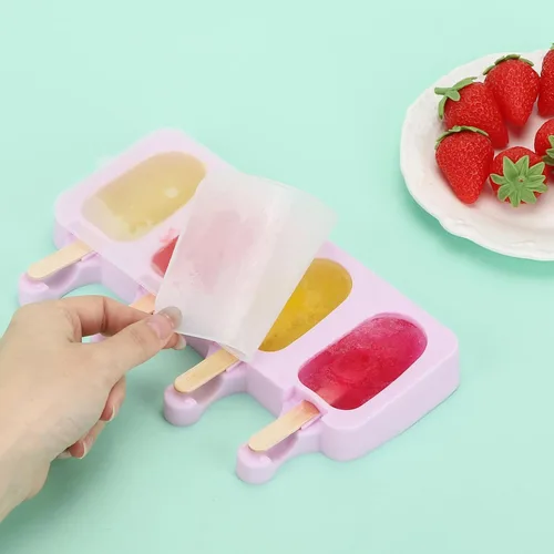 Vista 5 de Juego de 3 moldes de paletas de color violeta Samll con tapas y 100 palitos de madera para paletas de madera, 4 cavidades de silicona para hacer