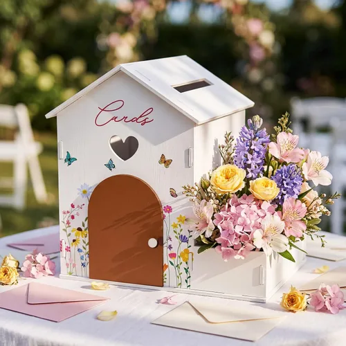 Vista 9 de OurWarm Caja de tarjetas de boda de madera con canal de flores onduladas, cajas de tarjetas de boda rústicas de color marrón para recepción