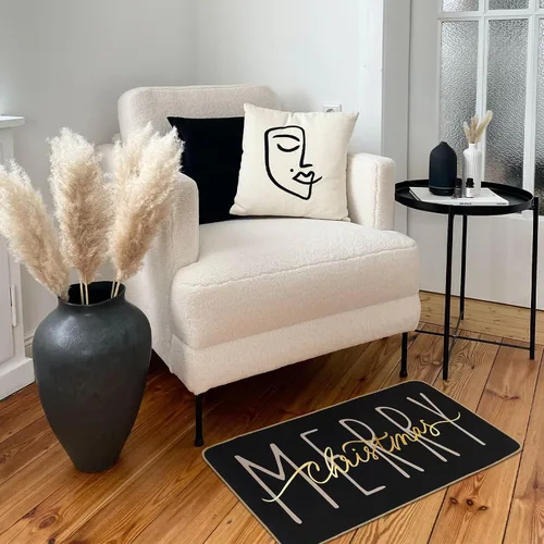 Vista 6 de ONWAY Felpudo Feliz Navidad, Felpudo de Puerta Estacional de Invierno Negro Dorado para Navidad y Fiestas, Alfombra de Piso de Bajo Perfil, Tapete